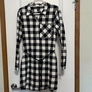Forever 21 Black Checkered Long Sleeve Zip Front Dress with Rope Belt